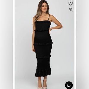 Black Satin Smocked Fitted Maternity Midi Dress